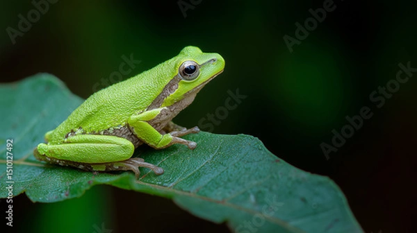Fototapeta A vibrant tree frog rests on a tropical leaf, embodying nature's delicate beauty. Series.