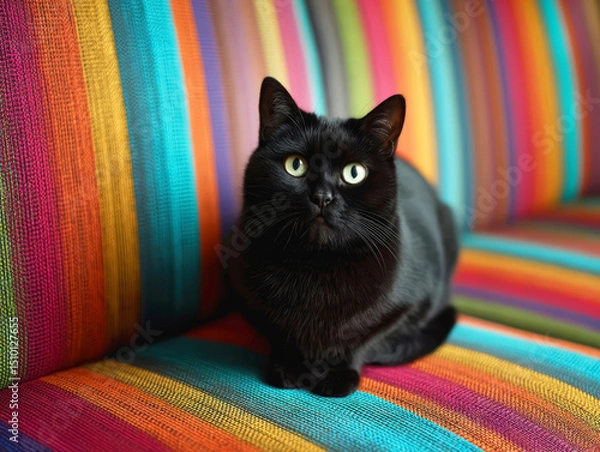 Fototapeta Cute black cat sits on striped rainbow-colored sofa and looking straight into camera.. 