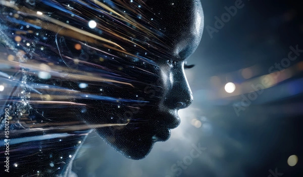 Fototapeta A closeup of an African woman's face made of glowing pixels with digital data streams coming out of her head. Concept of AI artificial intelligence, cyberspace, metaverse.  