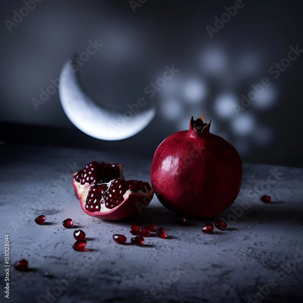 Obraz A high-resolution still life photograph of a pomegranate with scattered seeds on a gray surface, highlighting its rich red color and glossy seeds' shine in a mysterious, surreal ambiance.