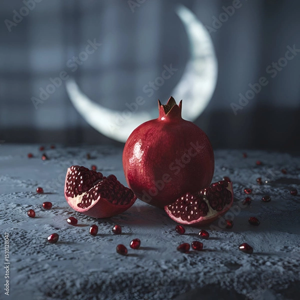 Obraz A high-resolution still life photograph of a pomegranate with scattered seeds on a gray surface, highlighting its rich red color and glossy seeds' shine in a mysterious, surreal ambiance.