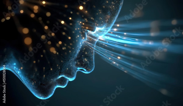 Fototapeta A closeup of a woman's face made of blue glowing pixels with digital data streams coming out of her eyes. Concept of AI artificial intelligence, cyberspace, metaverse.  