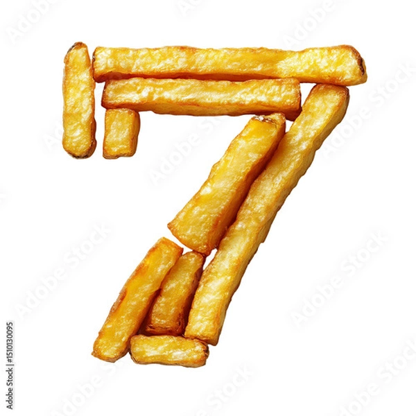 Fototapeta Top view of a 3D number 7 made of French Fries isolated on a white transparent background