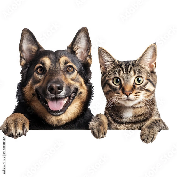 Fototapeta Happy dog and cat peeking over sign isolated on transparent background
