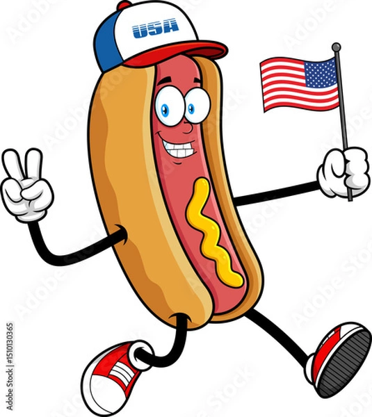 Fototapeta Hot Dog Cartoon Character Running with American Flag With Peace Gesture
