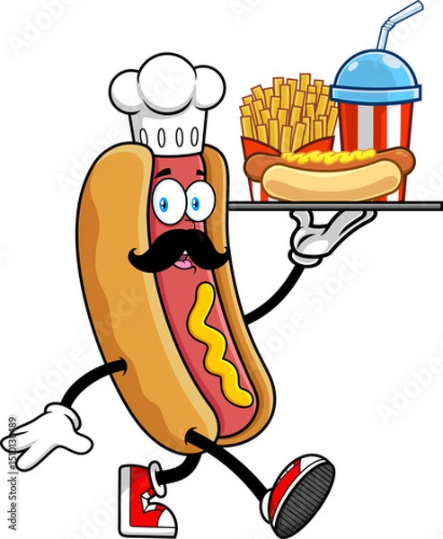 Fototapeta Hot Dog Chef Cartoon Mascot Character Serving Fast
Food Tray With Fries And Soda