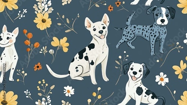 Obraz Charming canine companions amidst a floral fantasy, a seamless decorative pattern