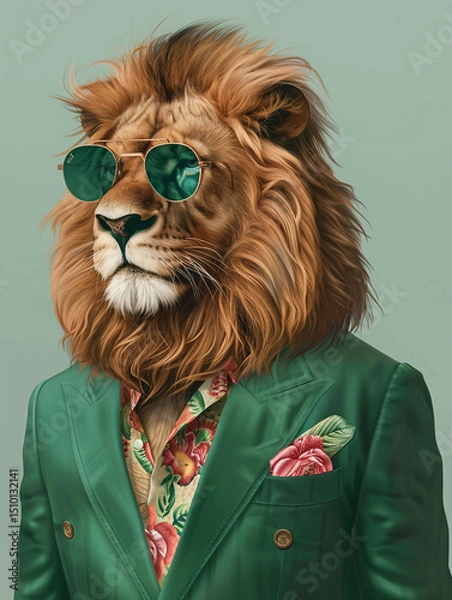 Obraz A lion standing proudly, posing like a true king, dressed in a modern business suit — an abstract portrait that fuses wild nature with sophisticated elegance.