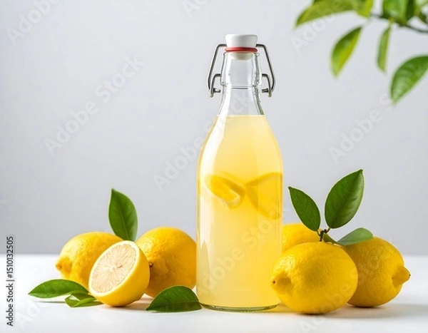Obraz Lemon drink in a bottle, surrounded by fresh lemons