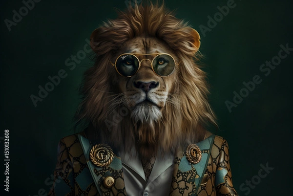 Obraz A lion standing proudly, posing like a true king, dressed in a modern business suit — an abstract portrait that fuses wild nature with sophisticated elegance.