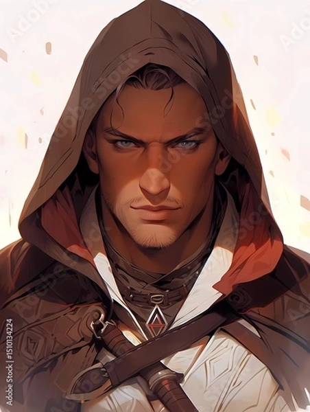 Obraz Serious fantasy man in hooded cloak with pendant