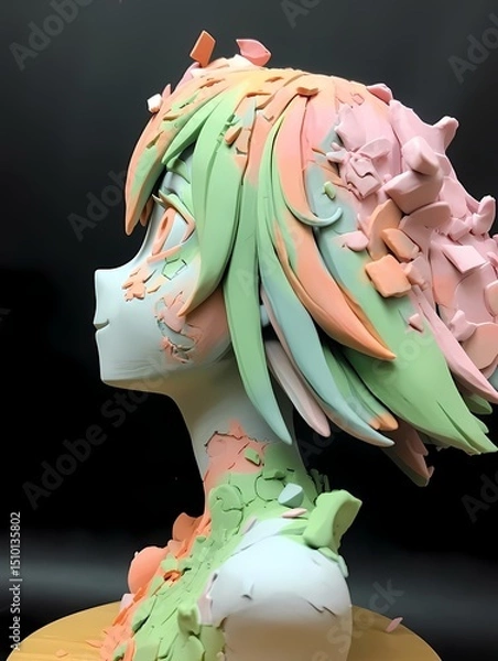 Obraz A three-dimensional model of a character with vibrant green hair and colorful skin looks upwards with a slight smile against a dark background.