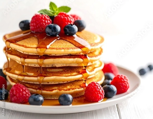 Obraz Stacked pancakes with berries and syrup