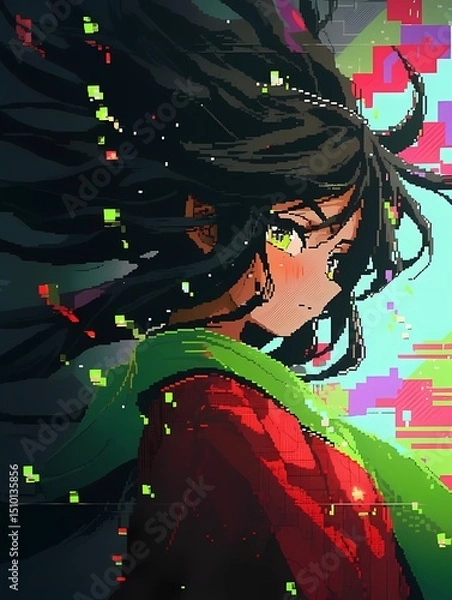 Obraz Young woman, green eyes, scarf, blushing cheeks, pixelated abstract background, pixel art style.