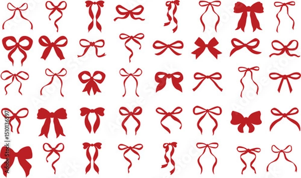 Obraz Bow ribbon pattern seamless. Vector print with white and red Christmas background. Cute crayon bows. Simple charcoal small trendy ribbon for Birthday, Christmas, Halloween. Basic doodle knot pattern	