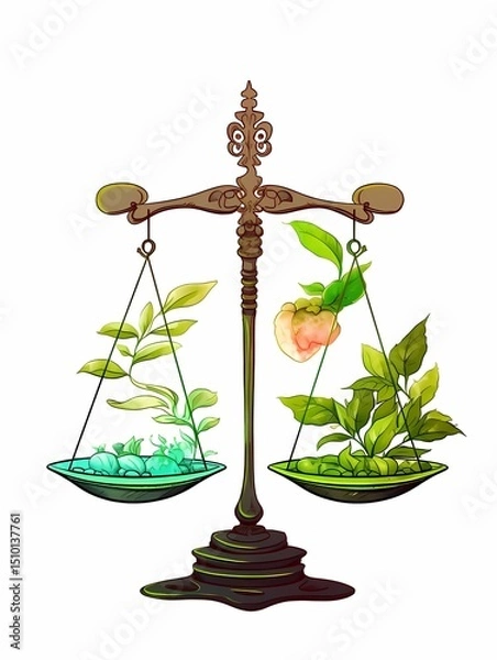 Obraz Balanced scale with lush green plants symbolizing harmony.