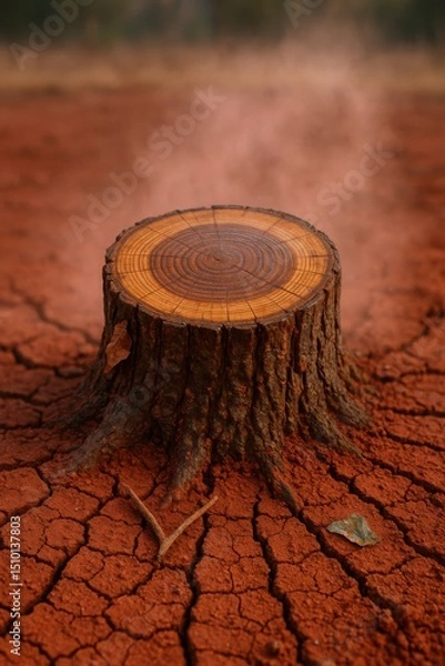 Obraz Tree Stump surrounded by cracked red soil in arid landscape with dust cloud curtain rising from dry terrain during drought conditions

