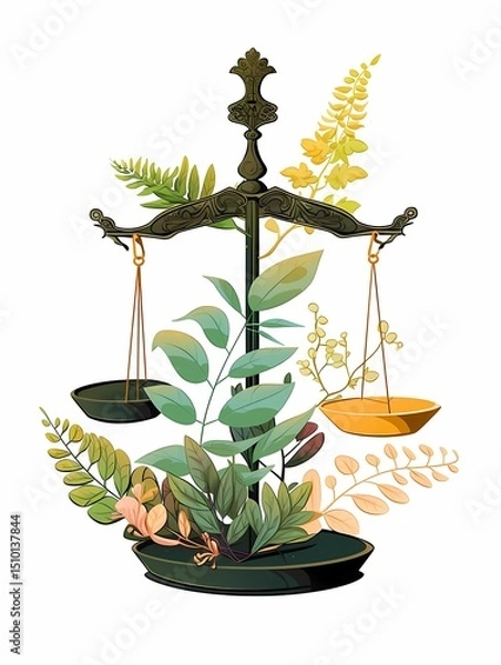 Obraz Stylized scale balanced by orange strings, adorned with flat designed plants and flowers, green and yellow.