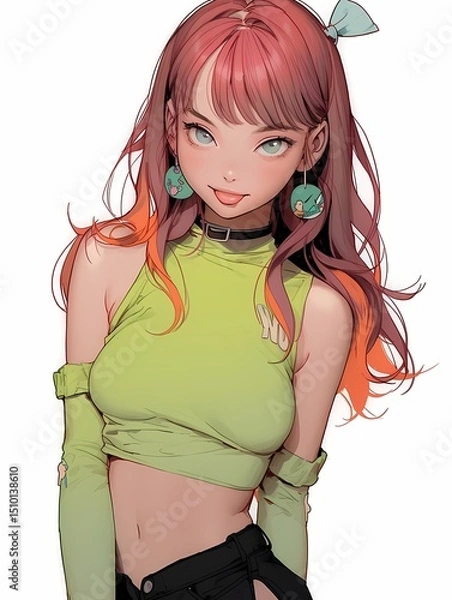 Obraz A playful character with vibrant red hair and green eyes wears a cropped green top with jewelry, looking directly at the viewer with a cheerful expression.