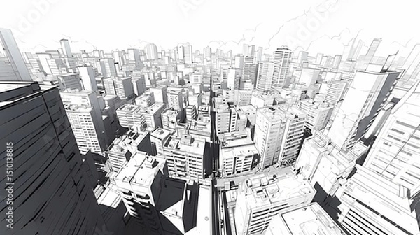 Obraz Monochrome cityscape from high vantage point, mix of tall and low rise buildings, intricate windows and balconies.