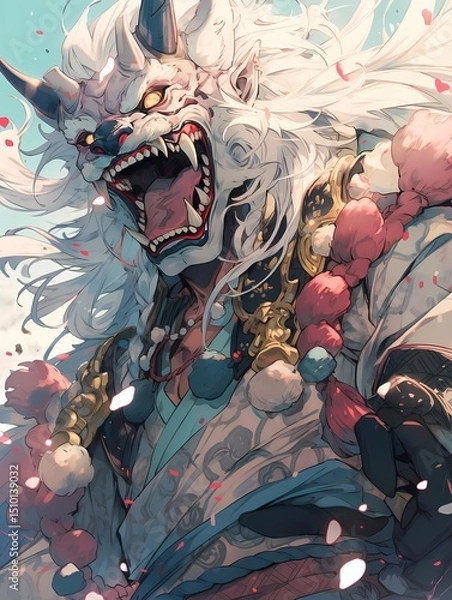 Obraz A fierce oni-warrior, adorned in traditional Japanese armor with intricate designs, gazes intensely with sharp teeth and piercing yellow eyes.