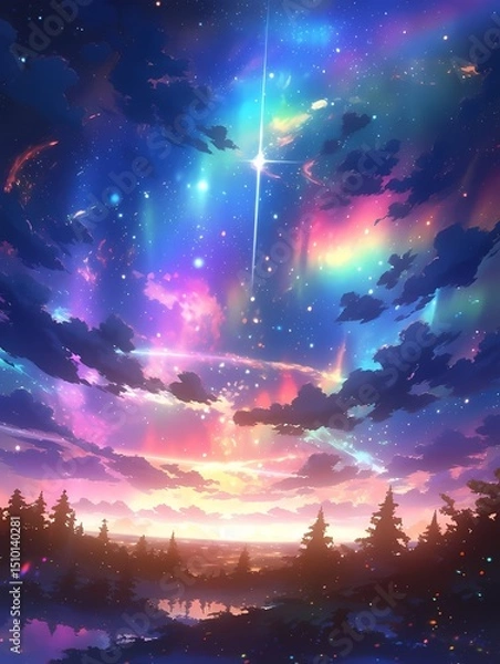 Obraz Anime illustration: Breathtaking night sky reflected in a serene lake and forest, bathed in the warm glow of a setting sun.