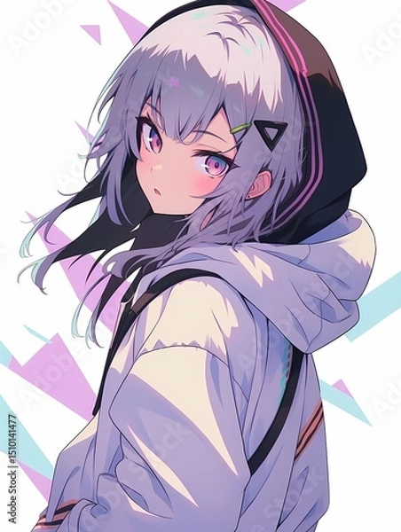 Obraz A character with gray hair and pink-striped hoodie gazes sideways with a blush, their parted lips and geometric background creating a whimsical scene.