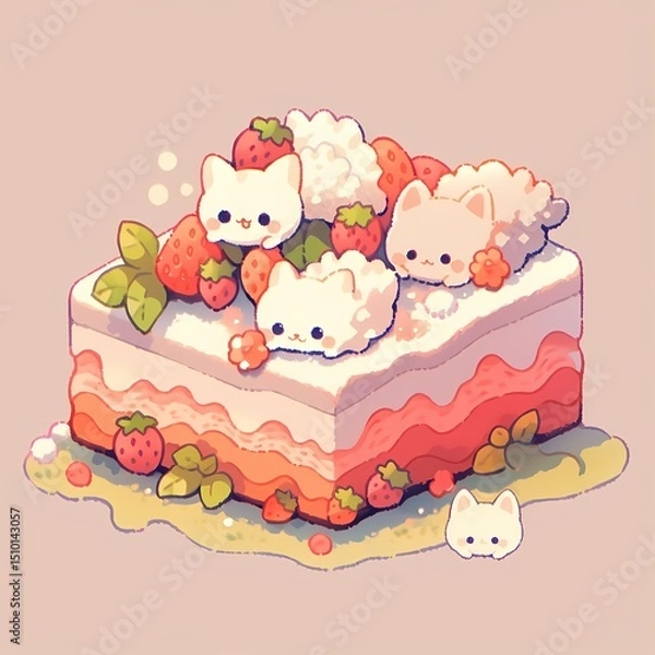 Obraz White cat sleeping on strawberry cake with companion cat