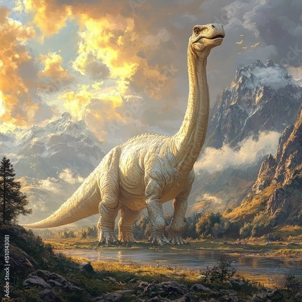 Obraz Majestic dinosaur stands tall amidst a serene mountain landscape at sunrise.  A gentle golden light bathes the scene