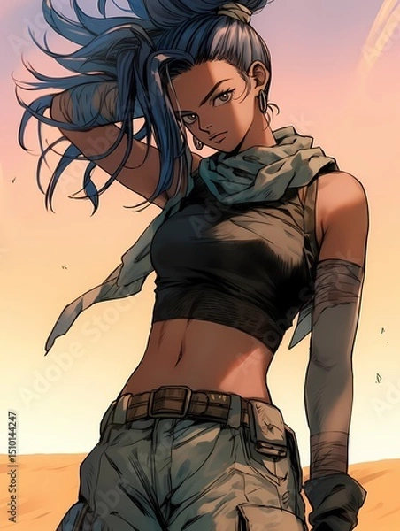 Obraz A young woman with striking blue hair and a serious expression stands in a desert-like environment, wearing tactical gear and a bandage on her arm.