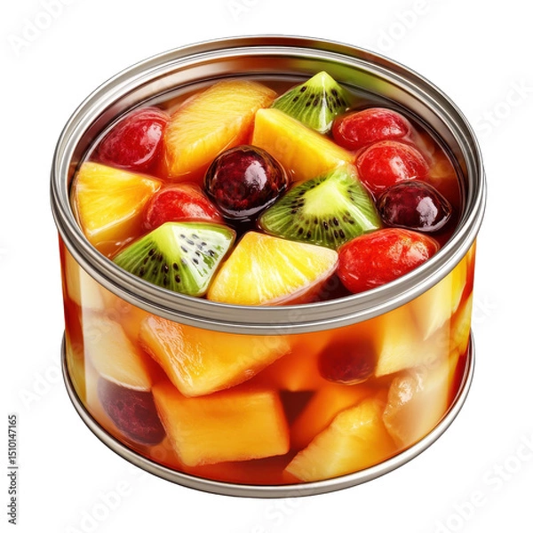 Fototapeta Colorful Mixed Fruit Salad in a Can with Pineapple, Kiwi, and Cherries for Refreshing Summer Treats on transparent background