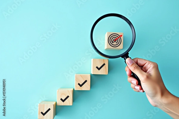 Obraz Goal Achievement Steps and Target Concept. Wooden blocks with checkmarks forming a staircase toward a magnifying glass highlighting a target, representing goal achievement and focus. business growth.