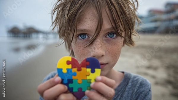 Fototapeta young kid holding and showing colorful puzzle pieces in the shape of a heart on the beach.