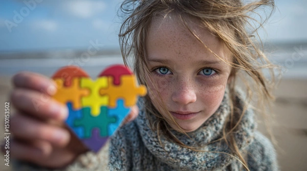 Fototapeta young kid holding and showing colorful puzzle pieces in the shape of a heart on the beach.