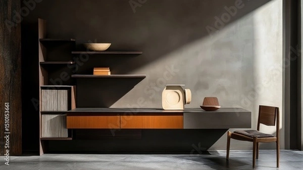 Fototapeta Shelving unit and console table near a dark wall with a wooden chair
