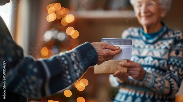 Fototapeta Elderly couple smiling with social security documents in hand, soft natural light highlighting warm expressions, shallow depth of field emphasizing their connection