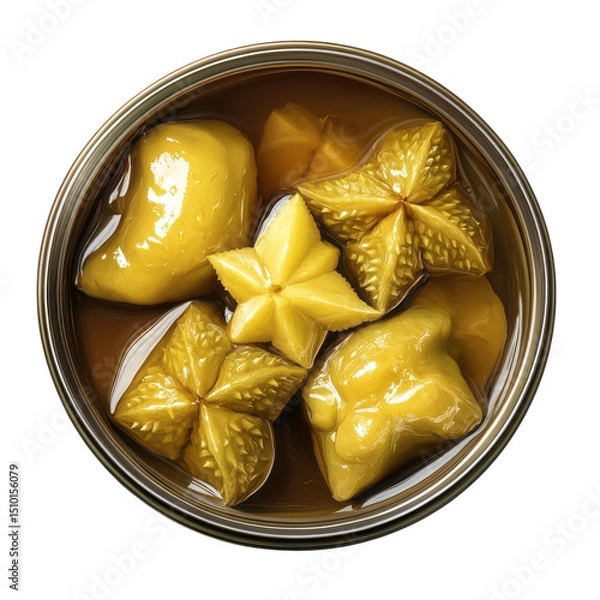 Fototapeta Brightly Colored Starfruit in Syrup, Showcasing Unique Shapes and Textures in a Glass Jar on transparent background