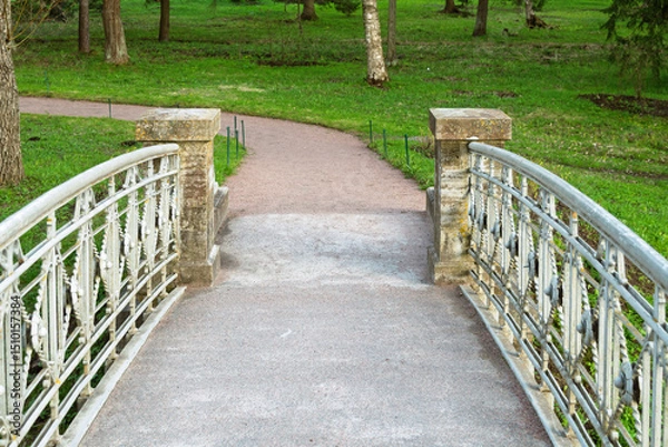 Fototapeta Close-up view of decorative iron bridge railings and stone pillars at park entrance, blending historical detail with natural surroundings.