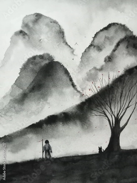 Obraz watercolor minimal oriental ink wash painting abstract landscape tree in the field, and the man standing with a cat. traditional japan asian sumi-e art style.