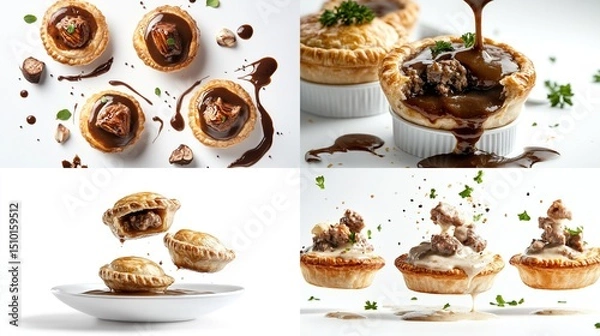 Fototapeta Four close-up shots showcase savory mini meat pies with rich brown gravy, some mid-air, others in ramekins, accented by herbs and dark chocolate pieces