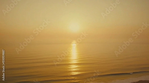 Fototapeta Tranquil ocean view with calm waves under golden sunset, minimalist seascape with copy space, conveying peace, relaxation and freedom of coastal life.