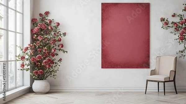 Fototapeta Elegant interior featuring roses, textured art and a comfortable chair in a serene setting