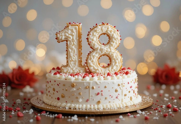 Obraz White mastic cake on a light white bokeh background with the number 18
