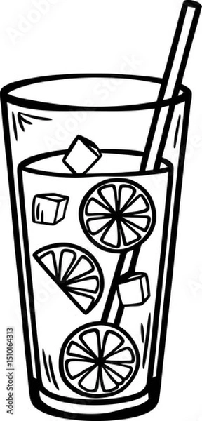 Fototapeta line art lemonade with ice and straw in glass refreshing cool citrus drink illustration, summer beverage concept