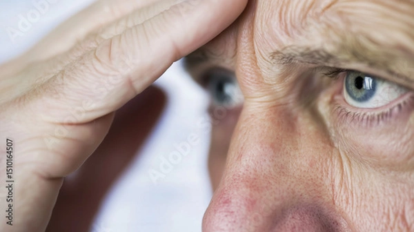 Fototapeta Close-up portrait of concerned senior touching forehead with medical chart blurred in background, shallow depth of field f/1.8 symbolizing stroke risk awareness and healthcare prevention concepts.
