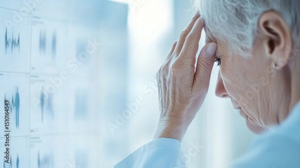Fototapeta Concerned senior man touching forehead with medical chart, symbolizing health checkup and stroke risk awareness, elderly healthcare and medical examination concept.
