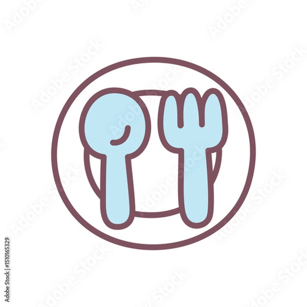 Fototapeta Cute plate with spoon and fork icon. Minimal hand drawn illustration of dinner plate with cutlery, symbolizing Thanksgiving meal. Kawaii sticker. Vector 10 EPS.