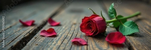 Obraz A single wilting rose lies on aged, cracked wooden flooring, petals scattered around it, symbolizing the fragility and end of a passionate relationship , loneliness, end, romance