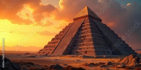 Obraz Awe-inspiring pyramid at sunset, ancient wonder bathed in golden light, majestic stone structure against vibrant sky A breathtaking view of history and mystery , monument, ruins