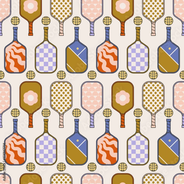Fototapeta Pickleball seamless pattern with paddles and balls, in retro line style